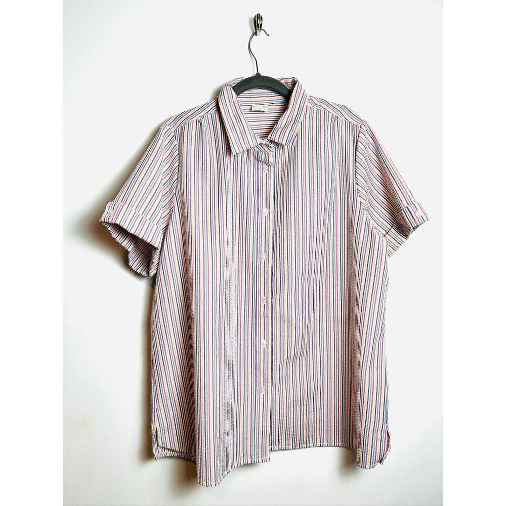 Boca Bay Button Up Shirt Blouse Short Sleeve Seersucker Pink Stripe Women’s
